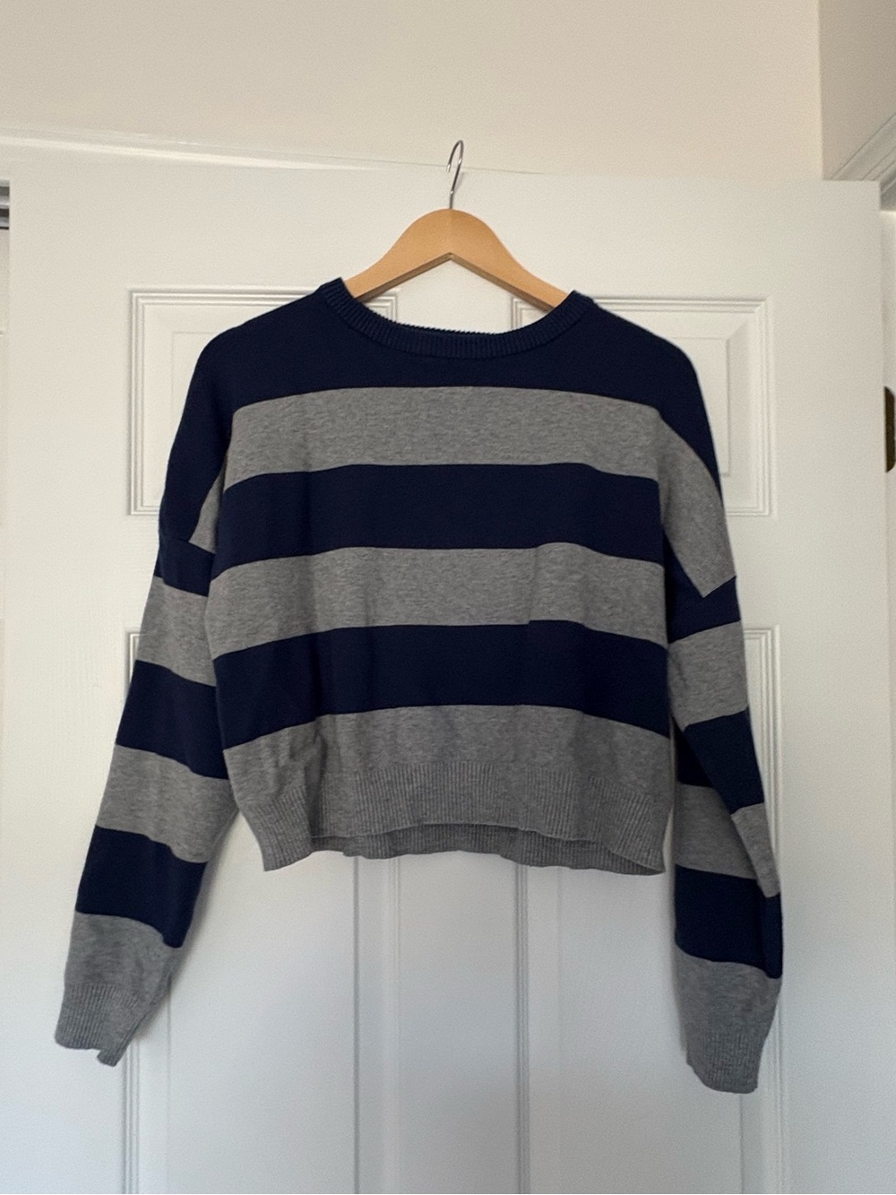 No Boundries -Striped Crewneck Women’s Sweater in Navy and Gray